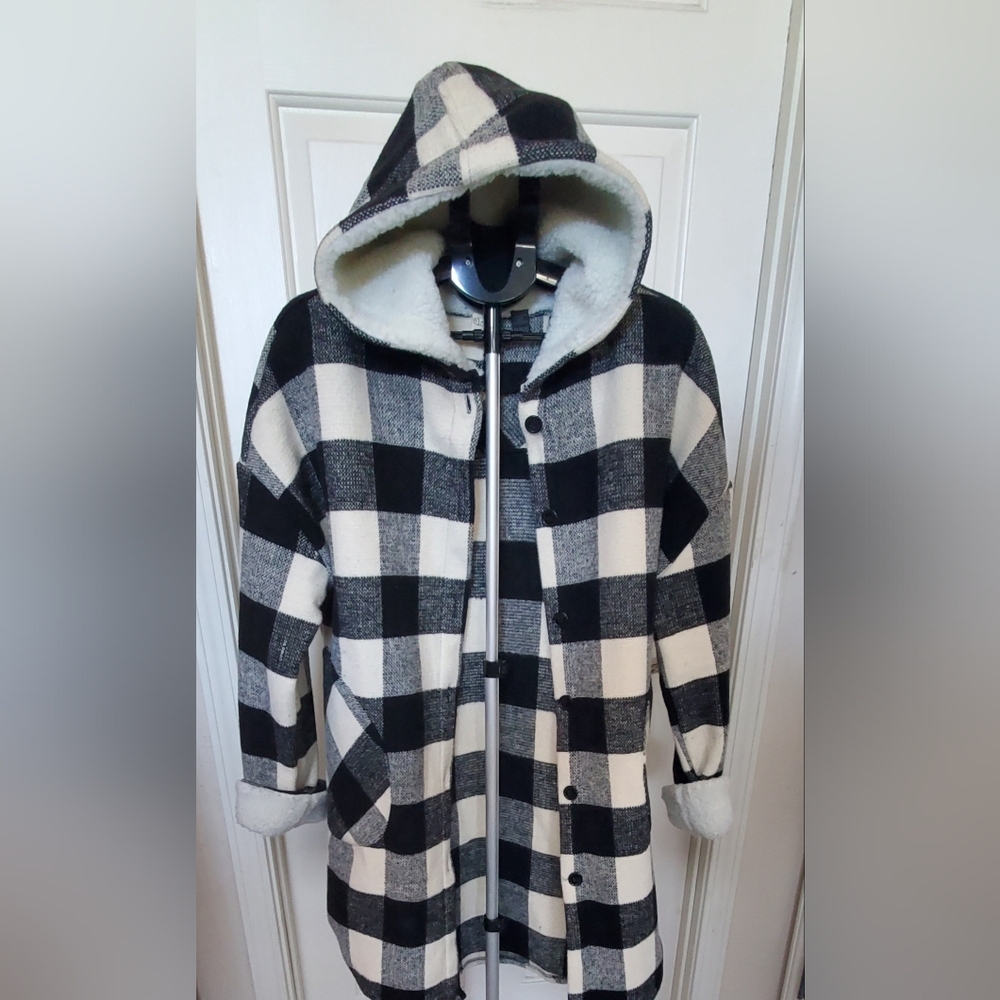 Black and Ivory Plaid Hooded Coat